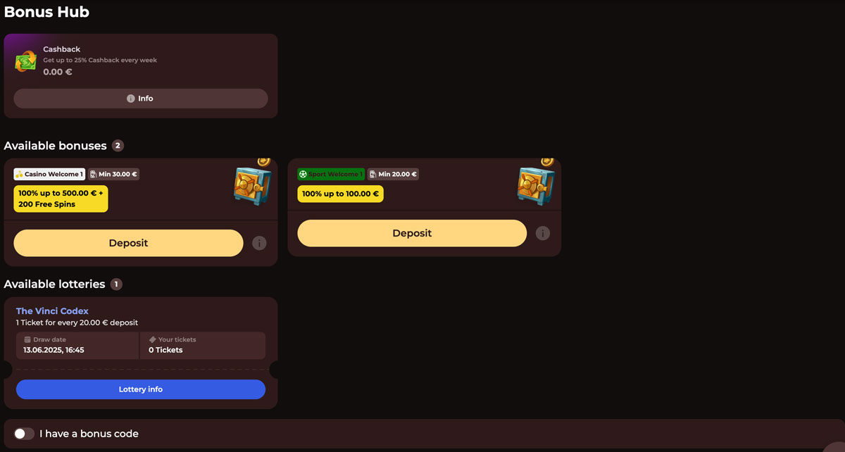 Vinci Spin How to Claim Bonuses